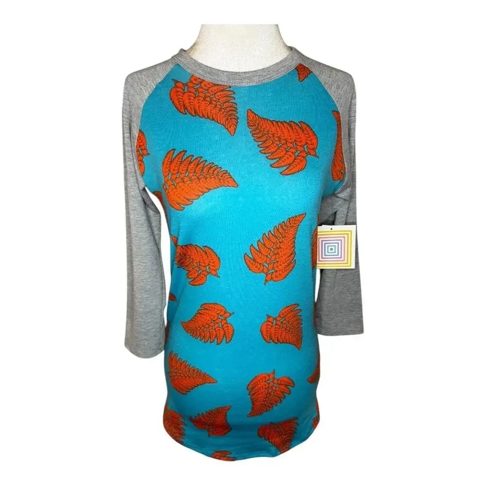 NEW LuLaRoe Women's XXS Randy Raglan Tee Blue Orange Fern‎ Leaf 3/4 Sleeve